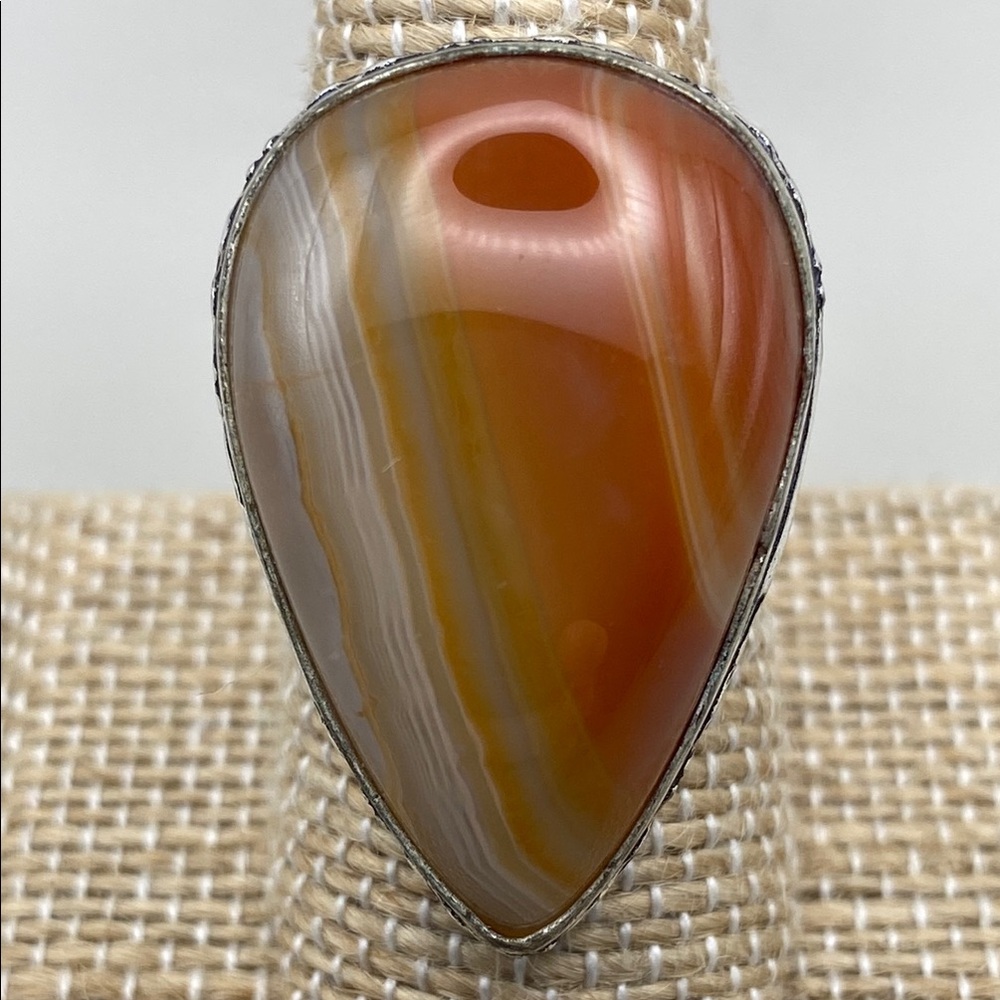 New Orange Striped Agate Stone Teardrop Silver Overlay Ring Size 8